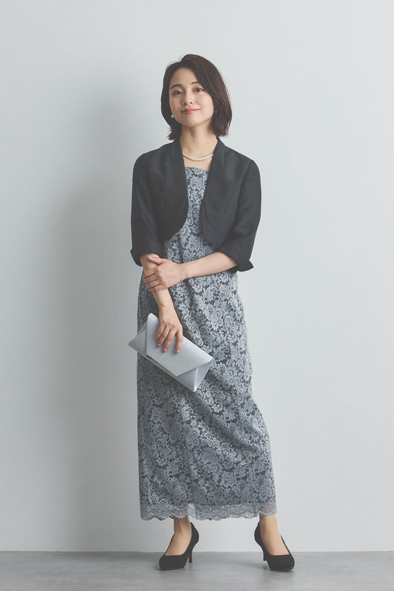 ブルーグレーのシフォンスリーブIラインドレス [ 店頭販売価格 39,600円 ]