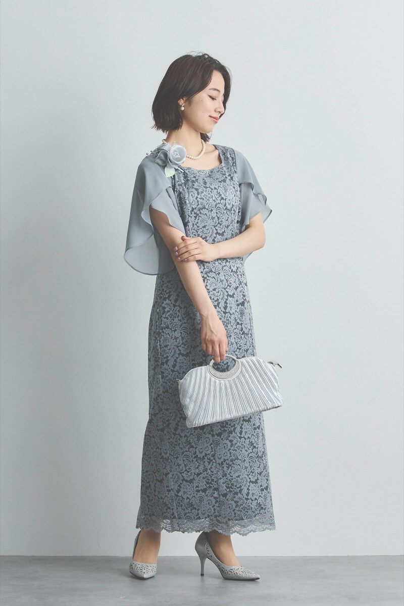 ブルーグレーのシフォンスリーブIラインドレス [ 店頭販売価格 39,600円 ]