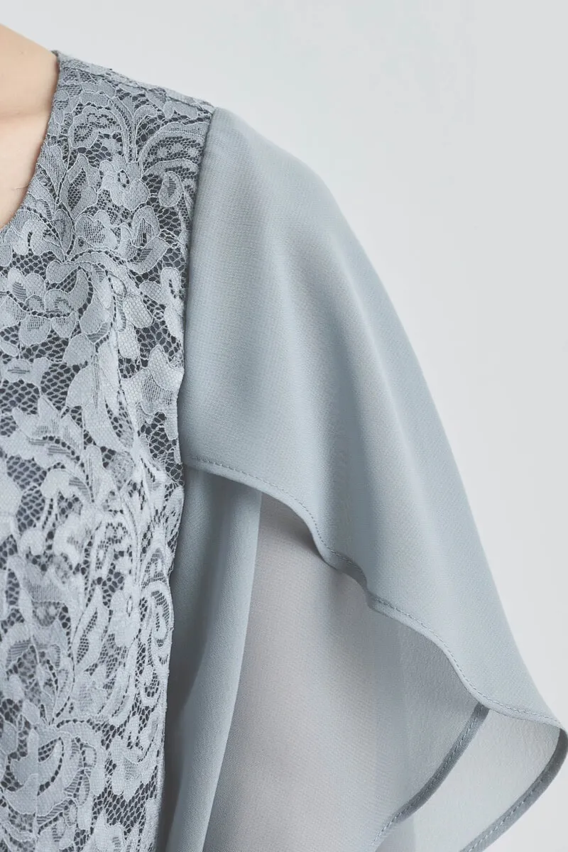 ブルーグレーのシフォンスリーブIラインドレス [ 店頭販売価格 39,600円 ]