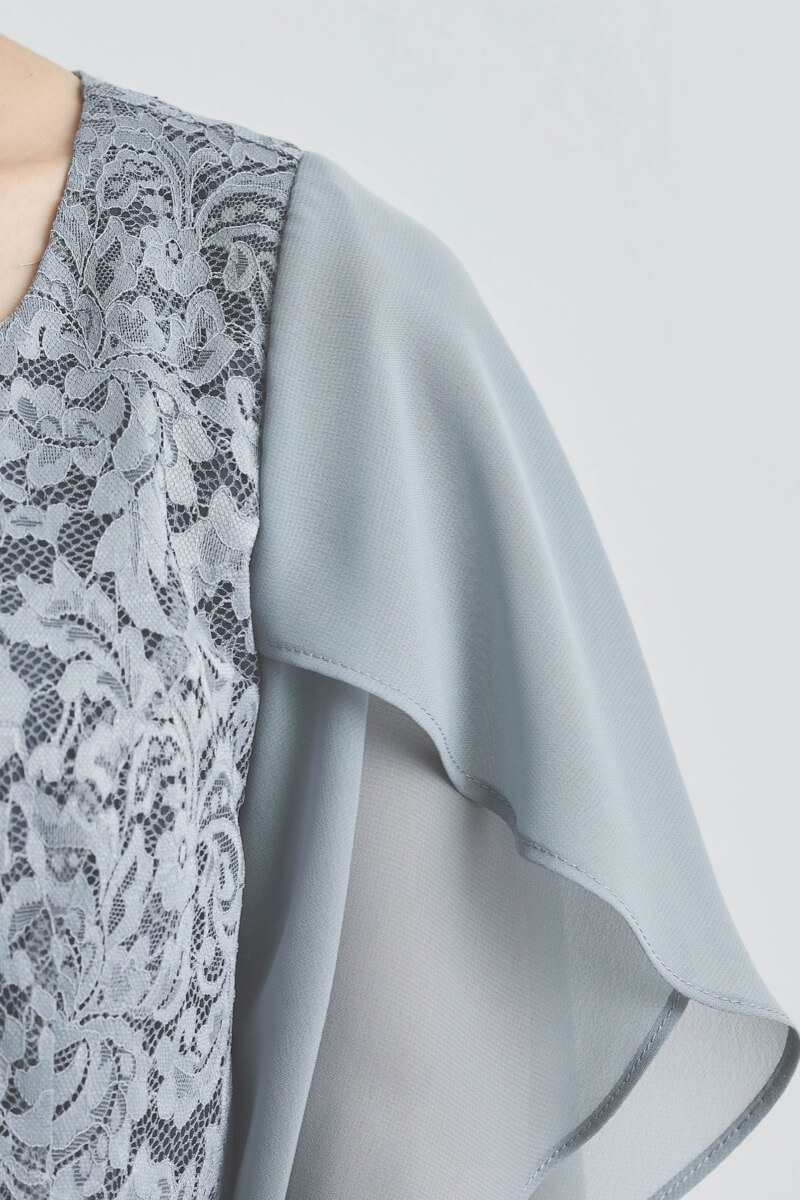 ブルーグレーのシフォンスリーブIラインドレス [ 店頭販売価格 39,600円 ]