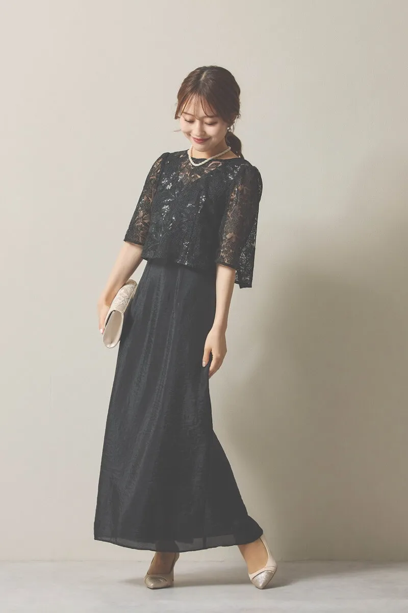 ブラックのシャイニートップスサテンドレス [ 店頭販売価格 38,500円 ]