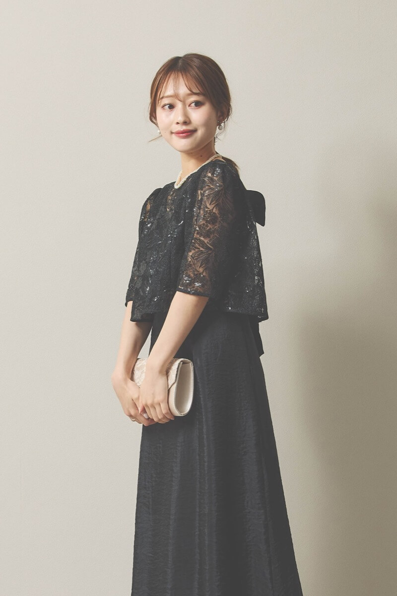 ブラックのシャイニートップスサテンドレス [ 店頭販売価格 38,500円 ]