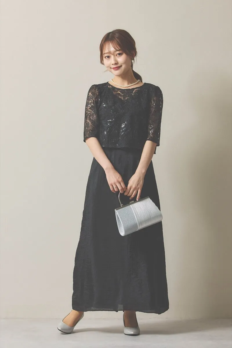 ブラックのシャイニートップスサテンドレス [ 店頭販売価格 38,500円 ]