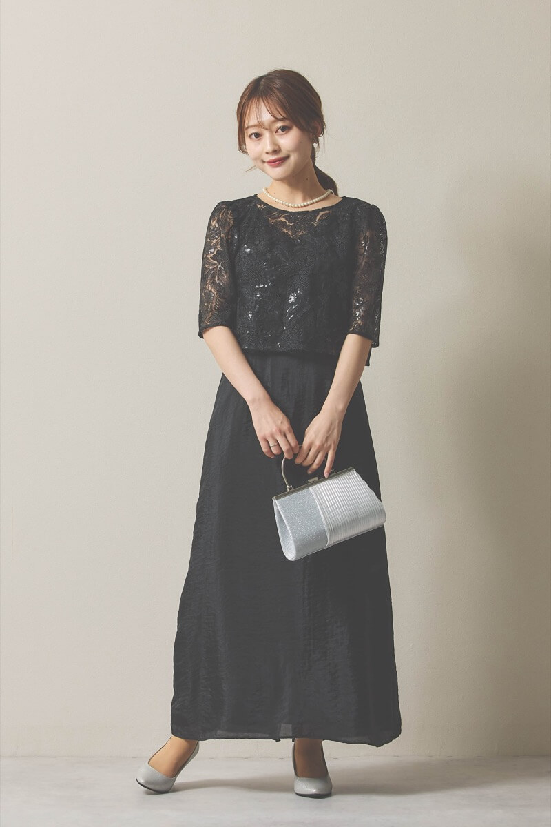 ブラックのシャイニートップスサテンドレス [ 店頭販売価格 38,500円 ]