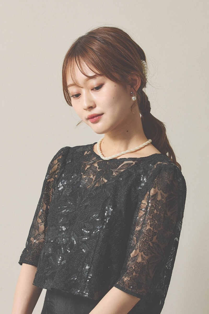 ブラックのシャイニートップスサテンドレス [ 店頭販売価格 38,500円 ]