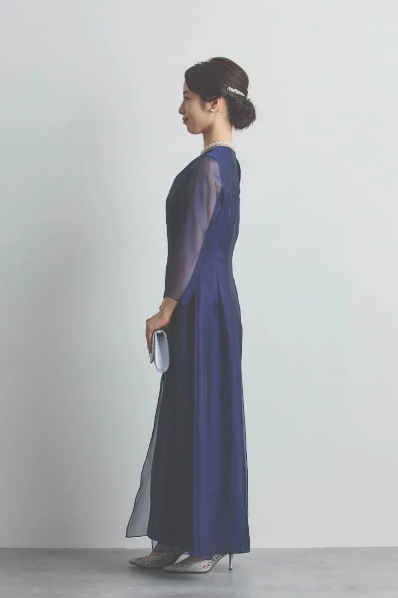 ネイビーのラメ刺繍シフォン切替ロングドレス [ 店頭販売価格 56,100円 ]