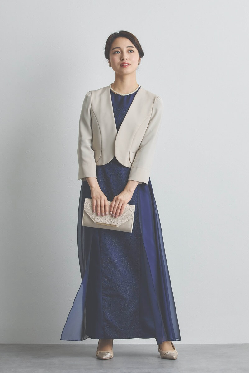 ネイビーのラメ刺繍シフォン切替ロングドレス [ 店頭販売価格 56,100円 ]