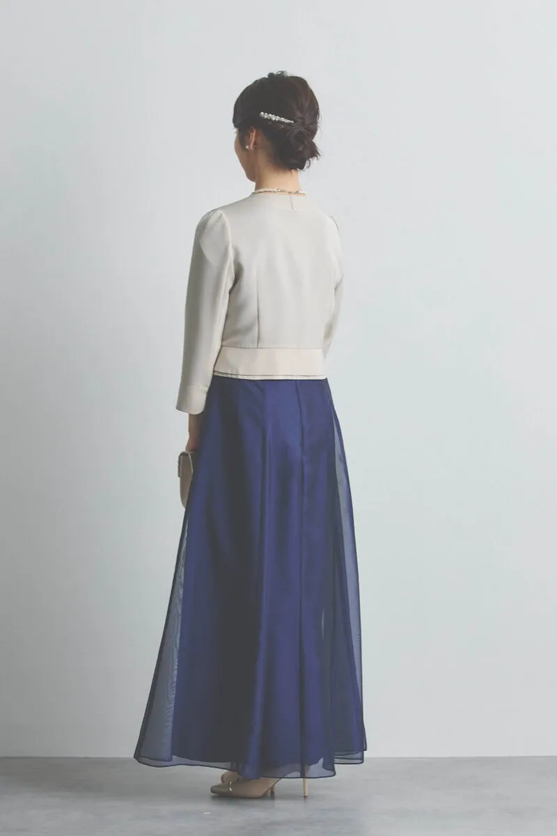 ネイビーのラメ刺繍シフォン切替ロングドレス [ 店頭販売価格 56,100円 ]