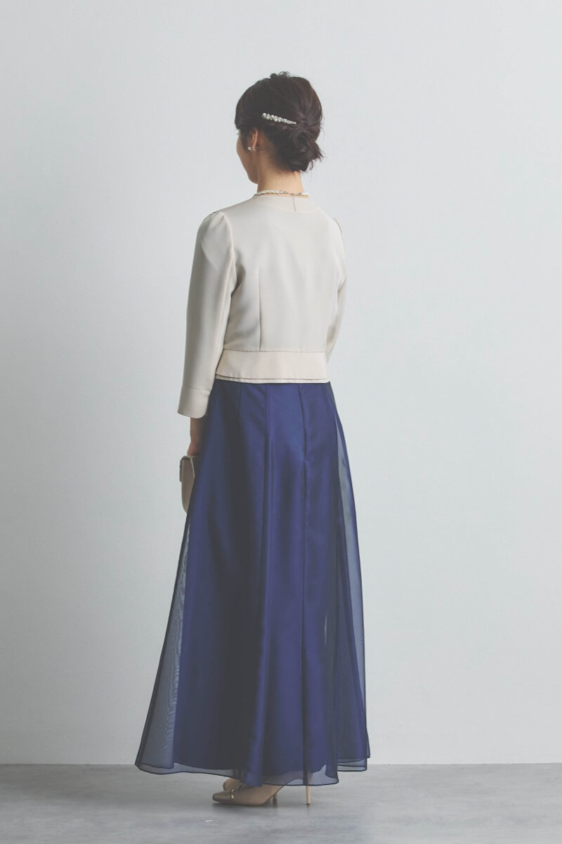 ネイビーのラメ刺繍シフォン切替ロングドレス [ 店頭販売価格 56,100円 ]