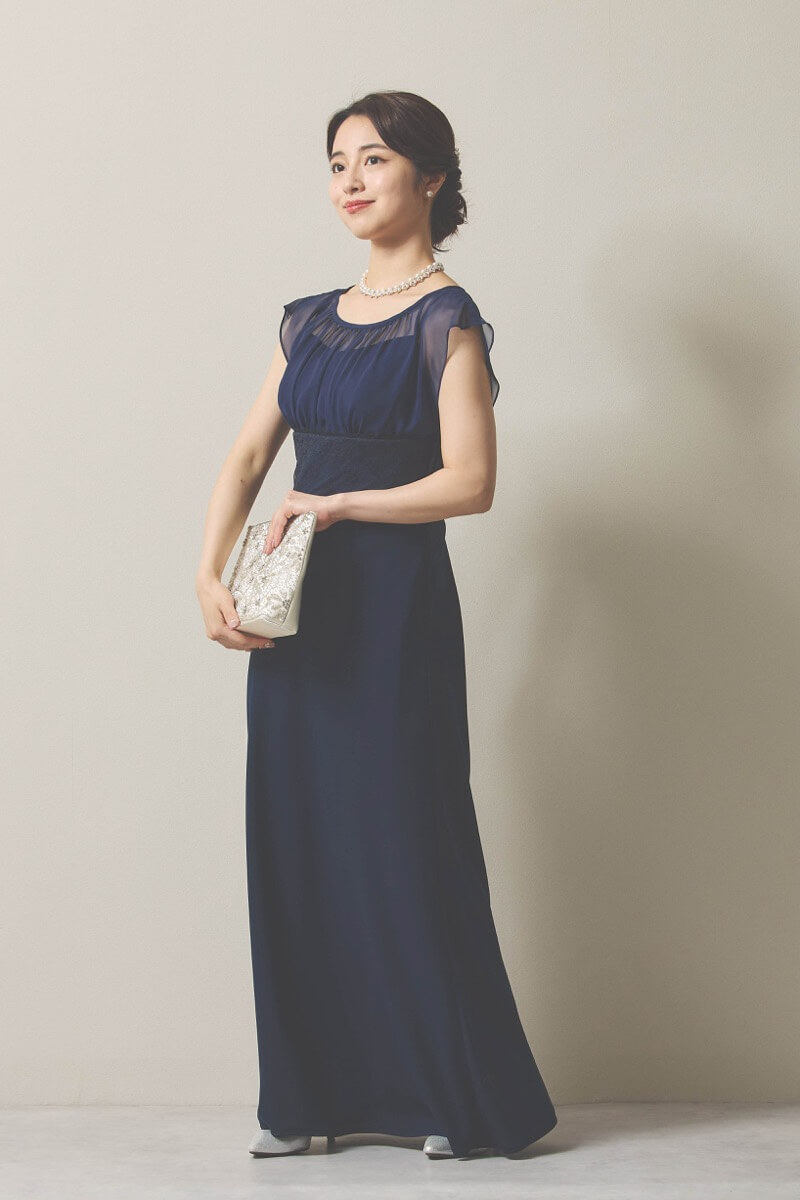 ネイビーのシフォン×ジョーゼットロングドレス [ 店頭販売価格 66,000円 ]