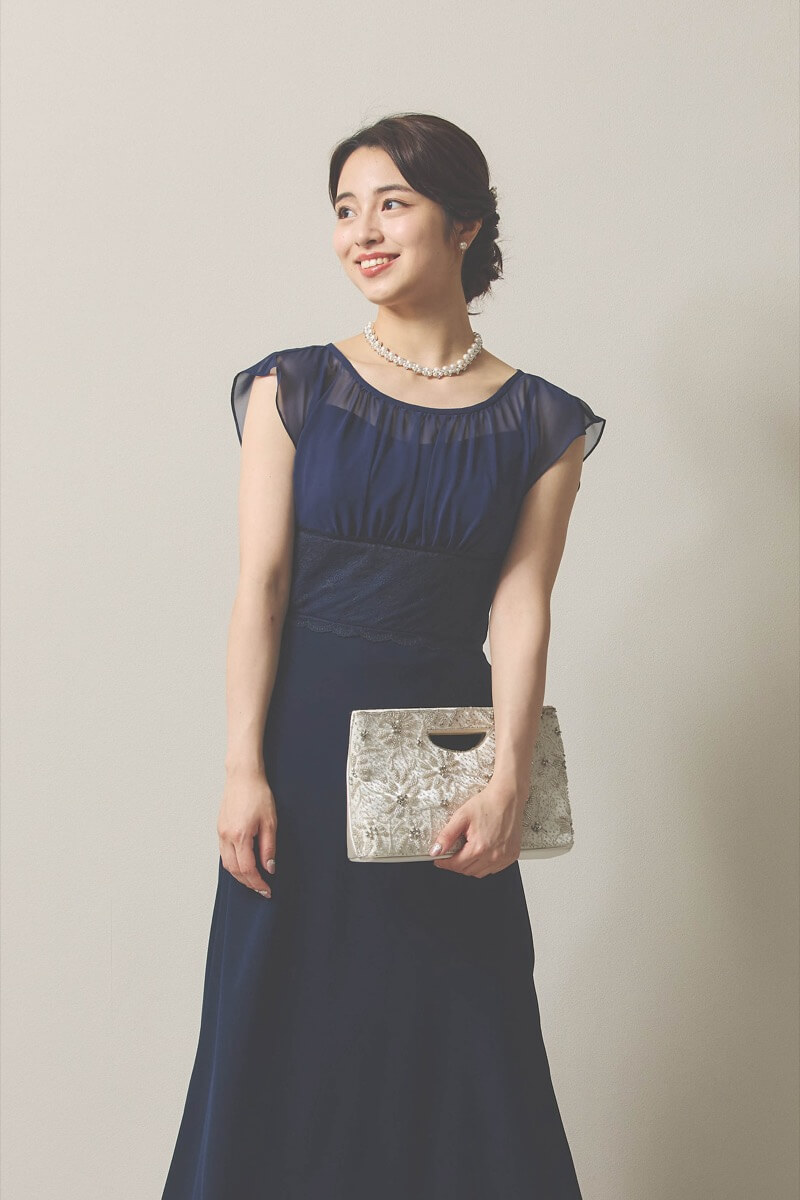 ネイビーのシフォン×ジョーゼットロングドレス [ 店頭販売価格 66,000円 ]