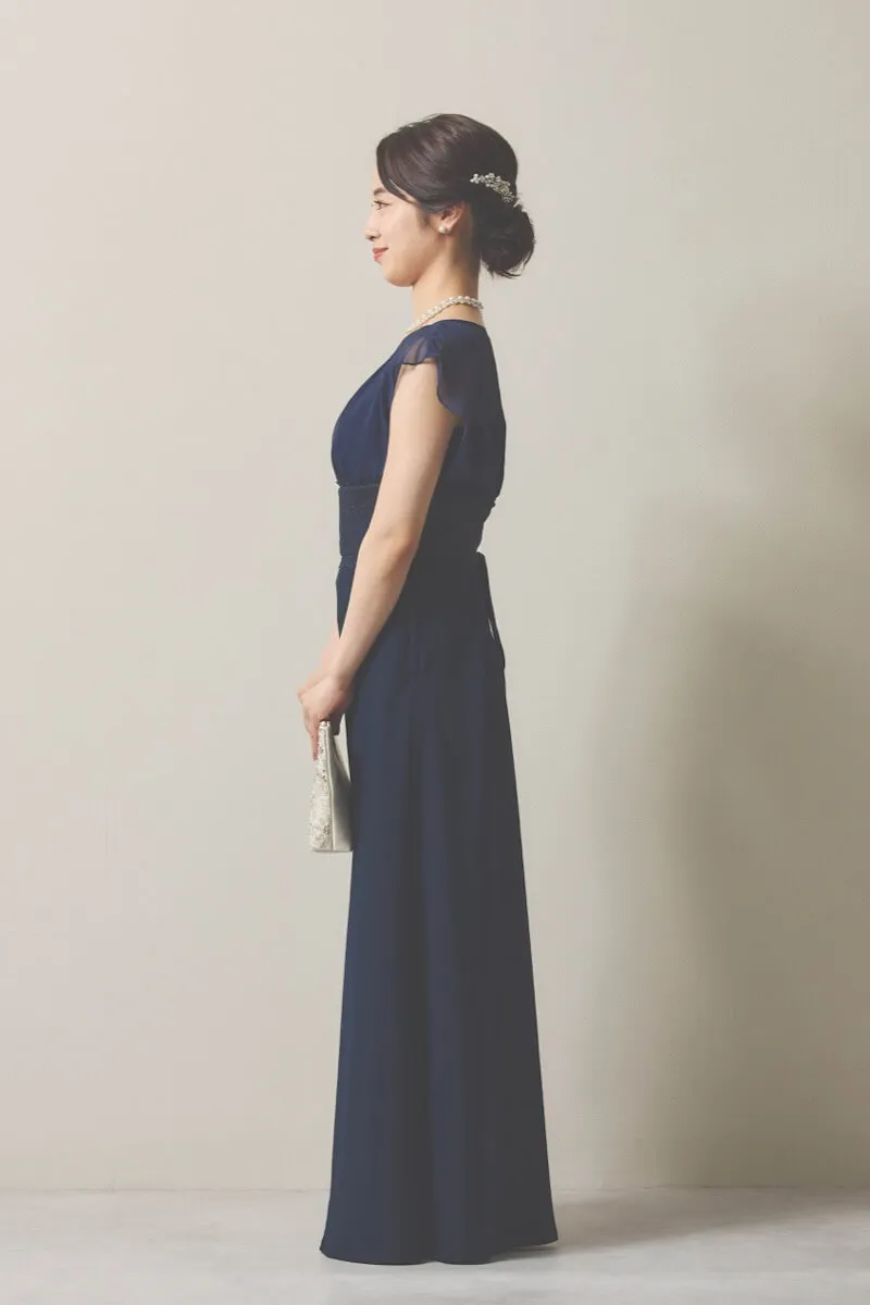 ネイビーのシフォン×ジョーゼットロングドレス [ 店頭販売価格 66,000円 ]