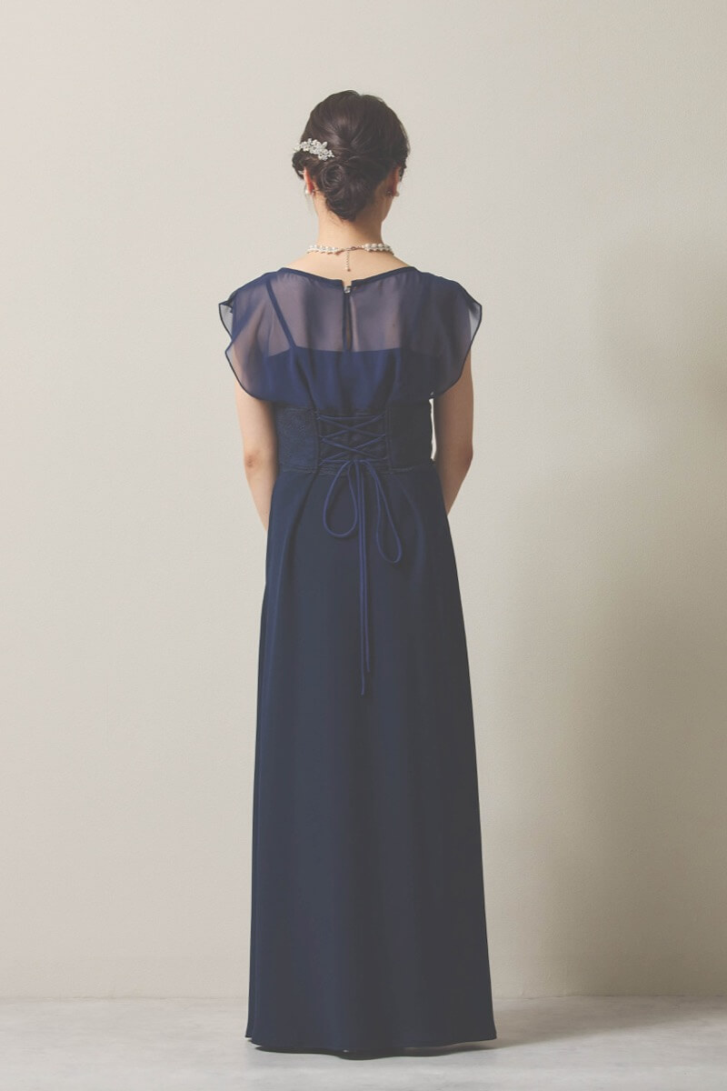 ネイビーのシフォン×ジョーゼットロングドレス [ 店頭販売価格 66,000円 ]