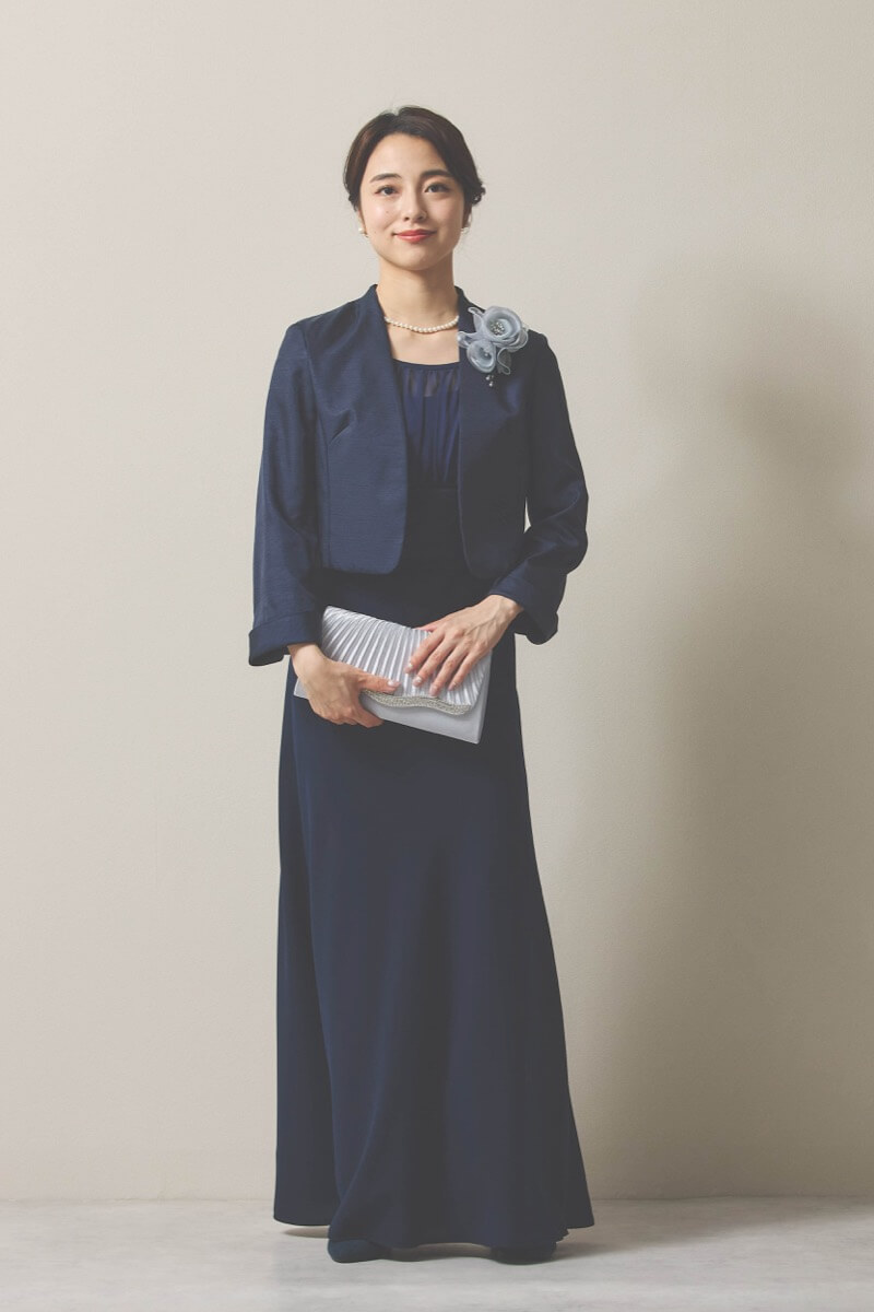 ネイビーのシフォン×ジョーゼットロングドレス [ 店頭販売価格 66,000円 ]