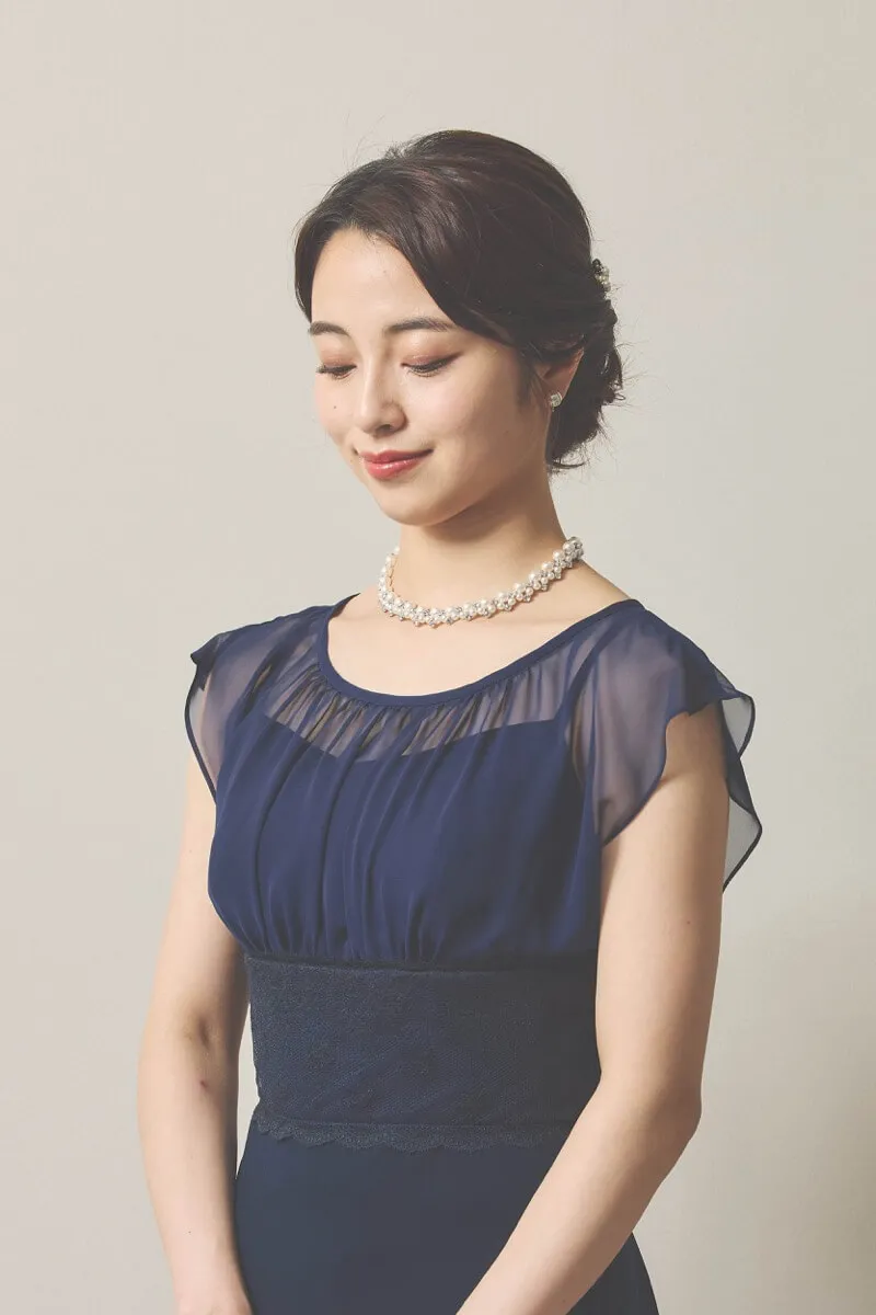 ネイビーのシフォン×ジョーゼットロングドレス [ 店頭販売価格 66,000円 ]