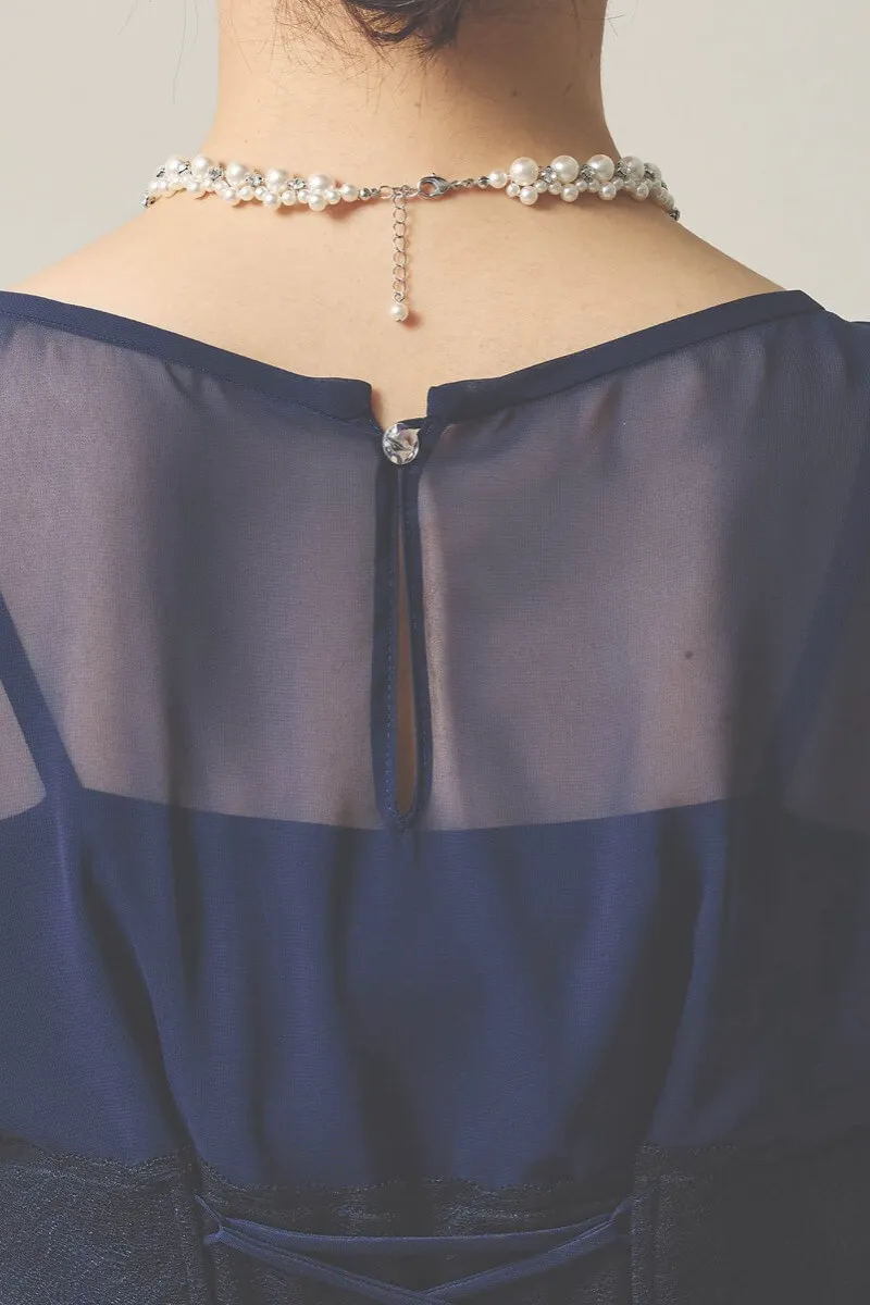 ネイビーのシフォン×ジョーゼットロングドレス [ 店頭販売価格 66,000円 ]