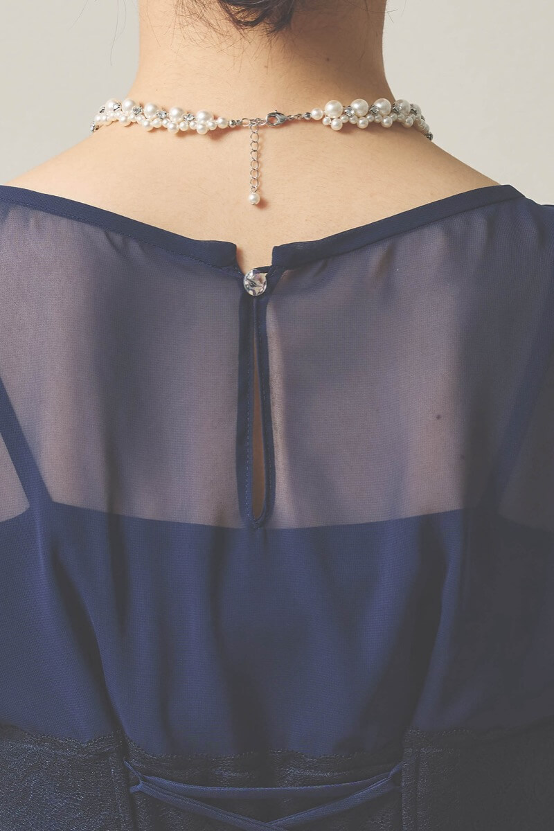 ネイビーのシフォン×ジョーゼットロングドレス [ 店頭販売価格 66,000円 ]