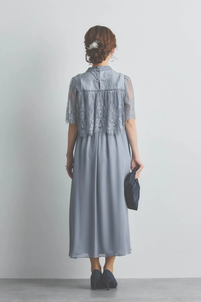 ブルーグレーの授乳口付きハイネックレースドレス