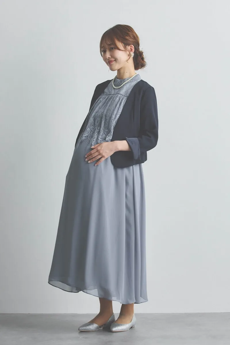 ブルーグレーの授乳口付きハイネックレースドレス