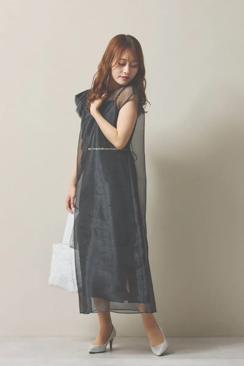 ブラックのアシメフリルオーガンジードレス