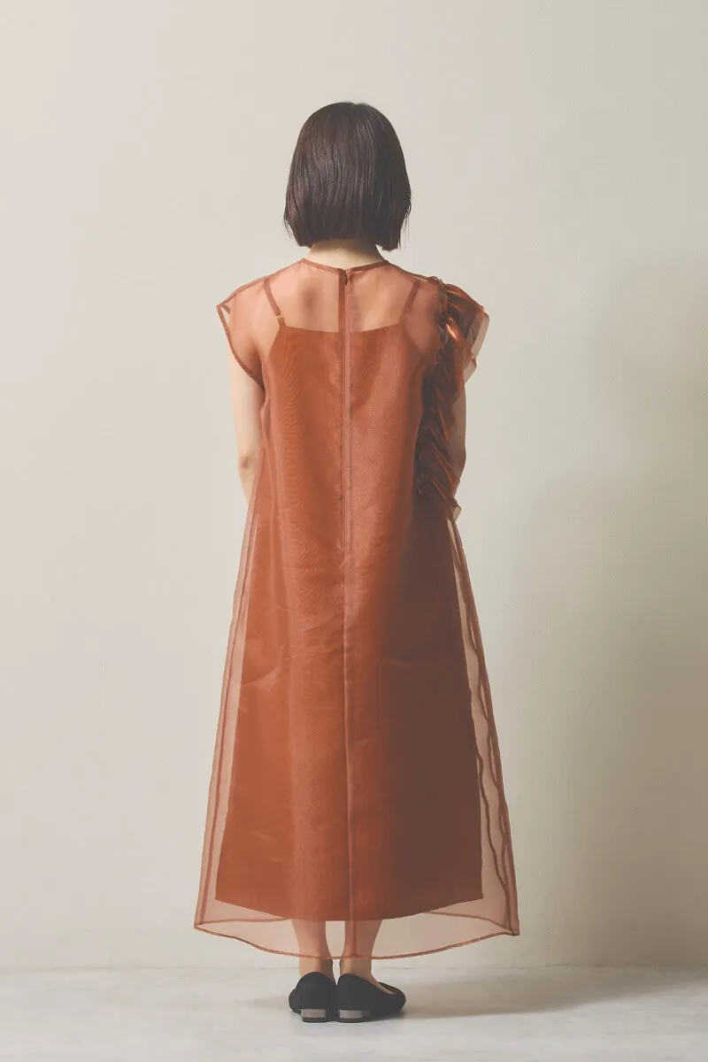 ブラウンのアシメフリルオーガンジードレス