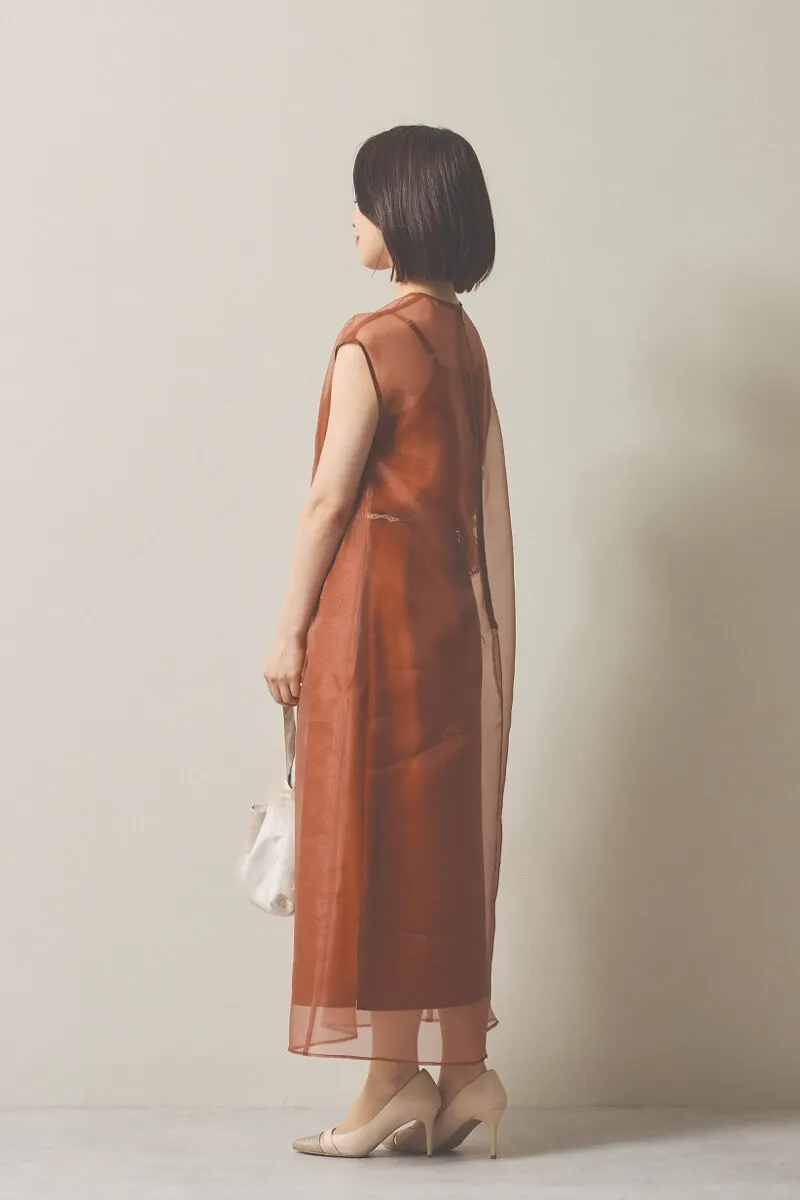 ブラウンのアシメフリルオーガンジードレス