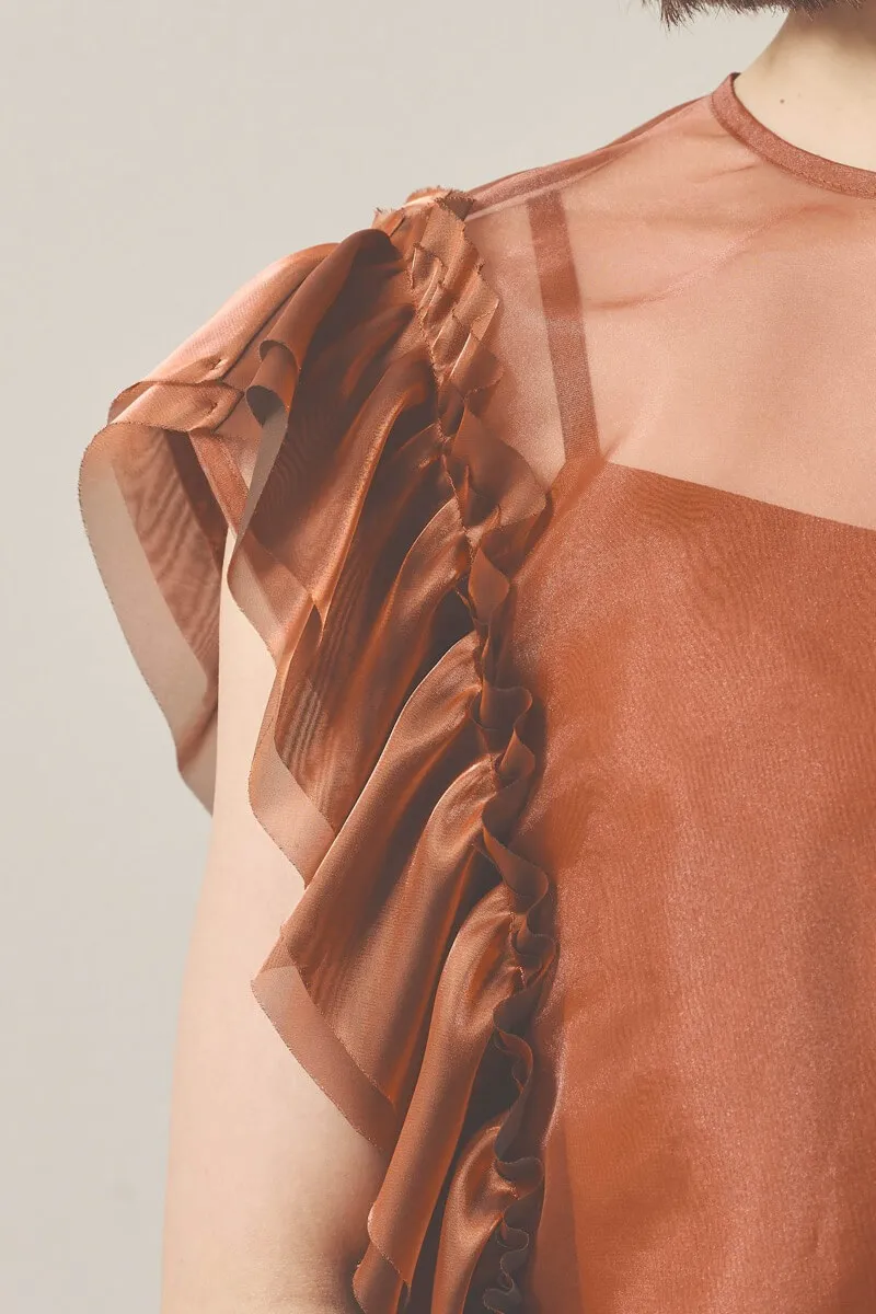 ブラウンのアシメフリルオーガンジードレス