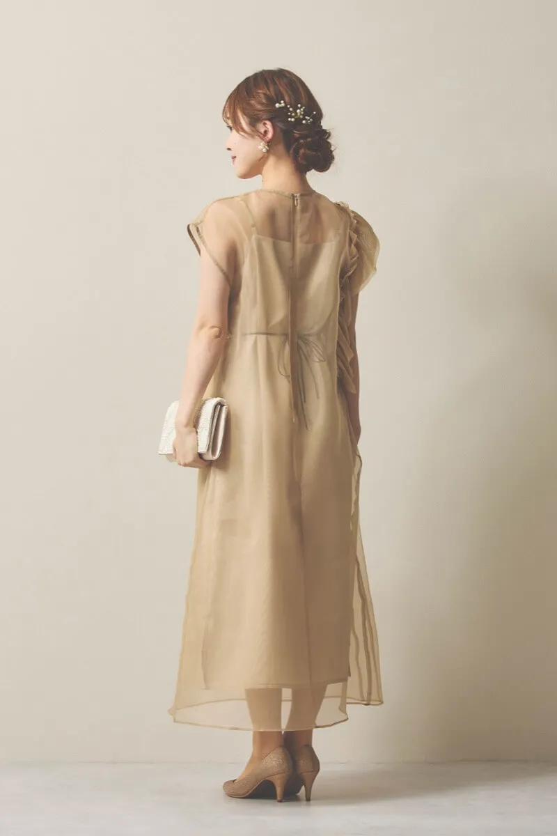 ベージュのアシメフリルオーガンジードレス