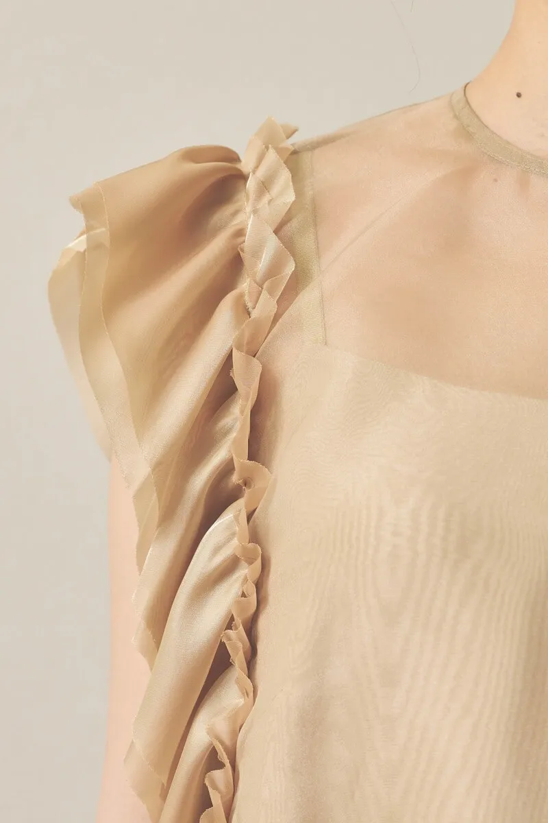 ベージュのアシメフリルオーガンジードレス