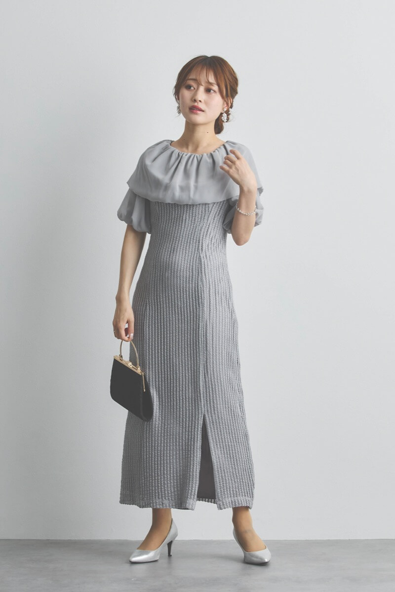 グレーの2wayオフショルサイドスリットドレス