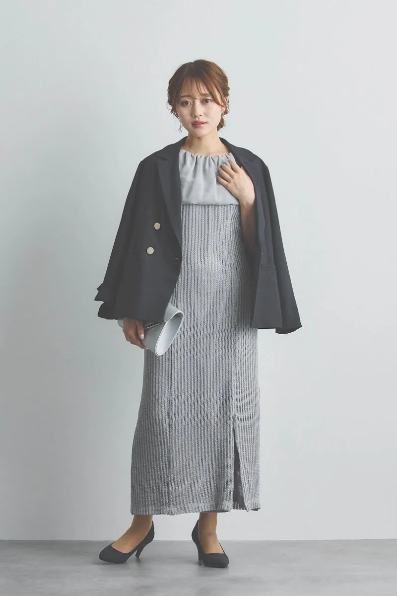 グレーの2wayオフショルサイドスリットドレス