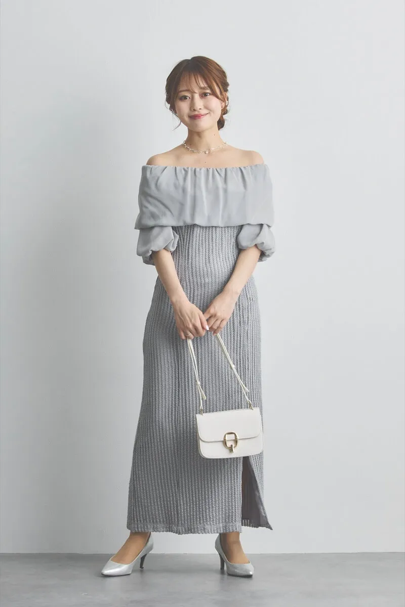 グレーの2wayオフショルサイドスリットドレス