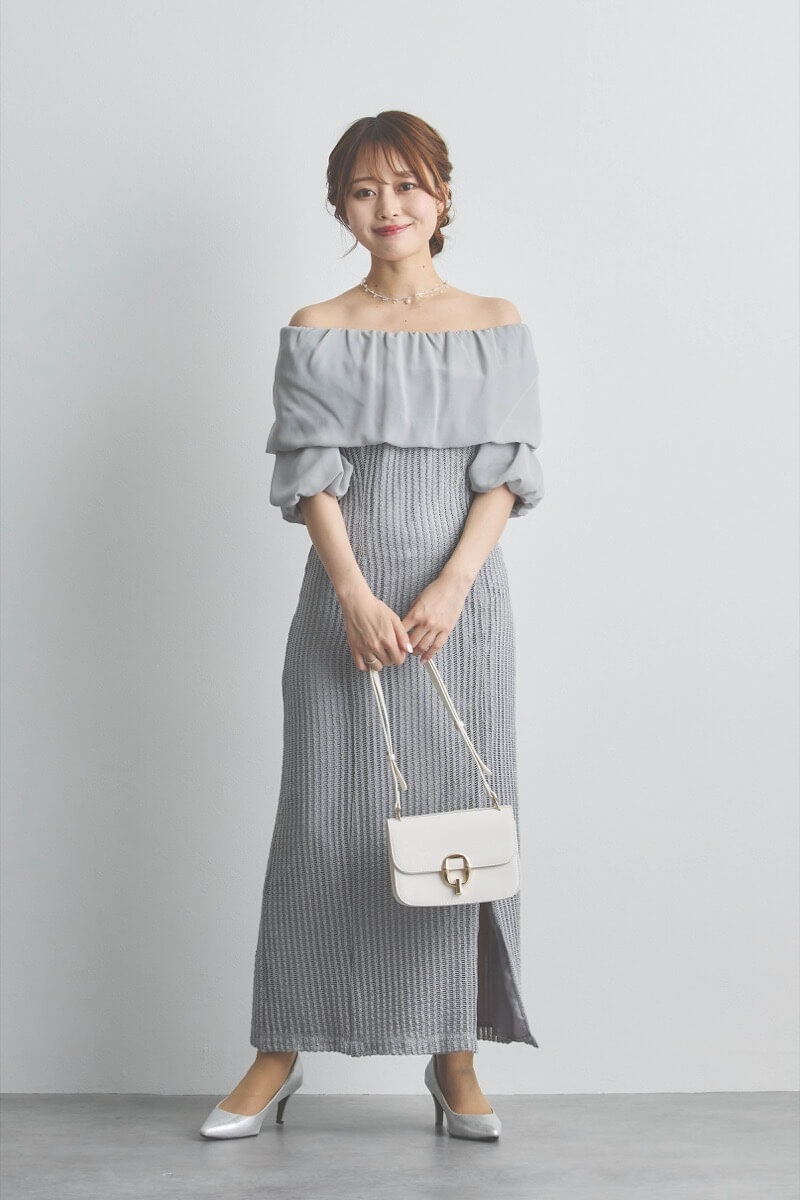 グレーの2wayオフショルサイドスリットドレス