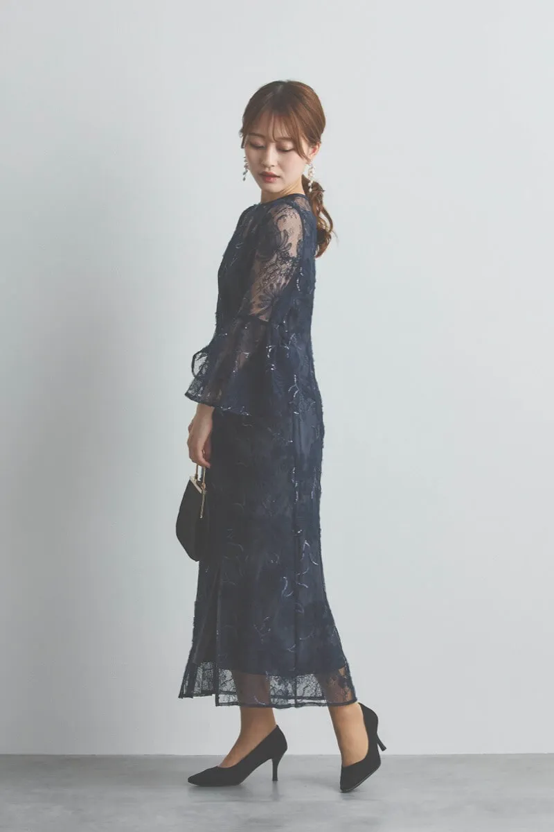 ネイビーのスパンコール刺繍Iラインドレス