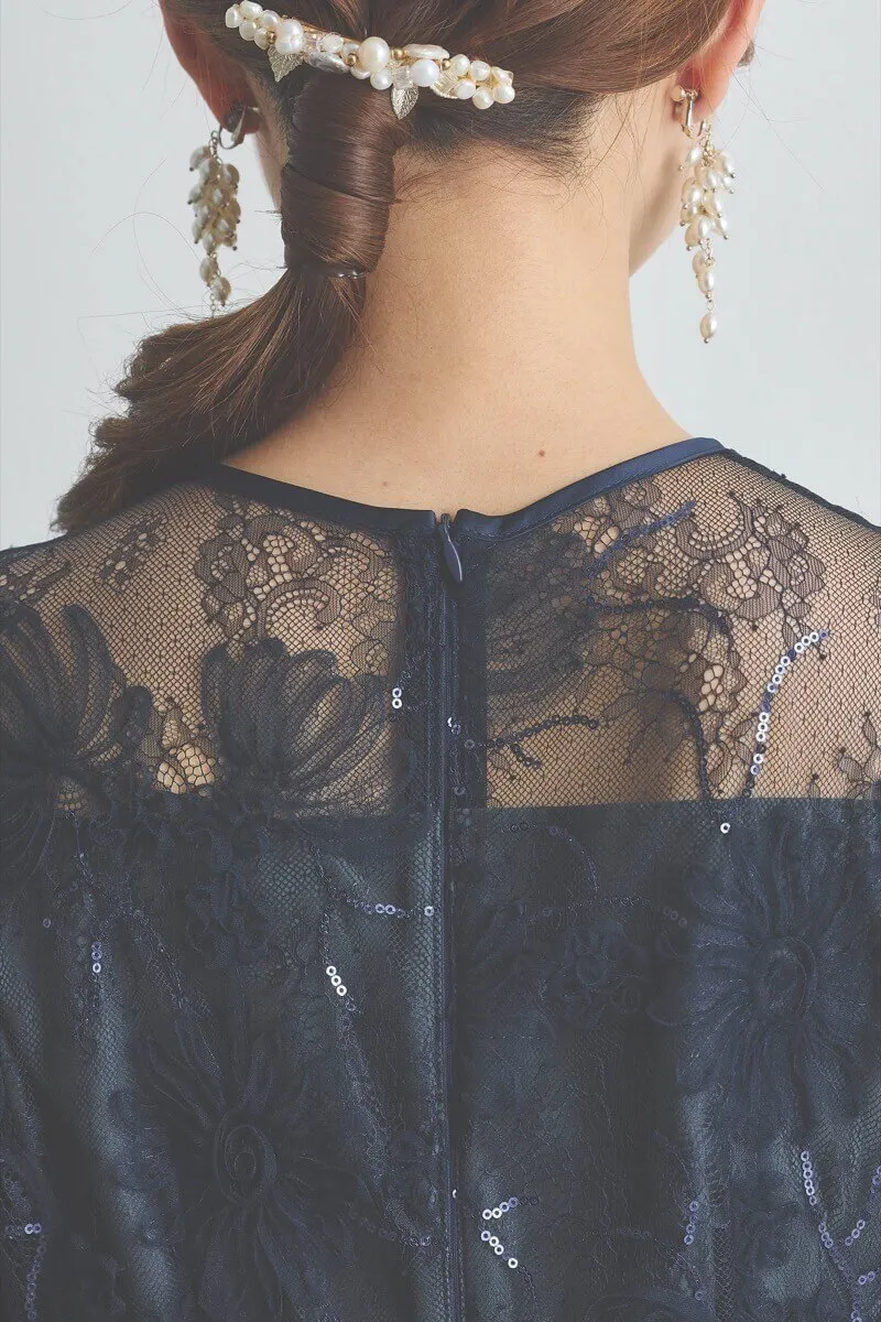 ネイビーのスパンコール刺繍Iラインドレス