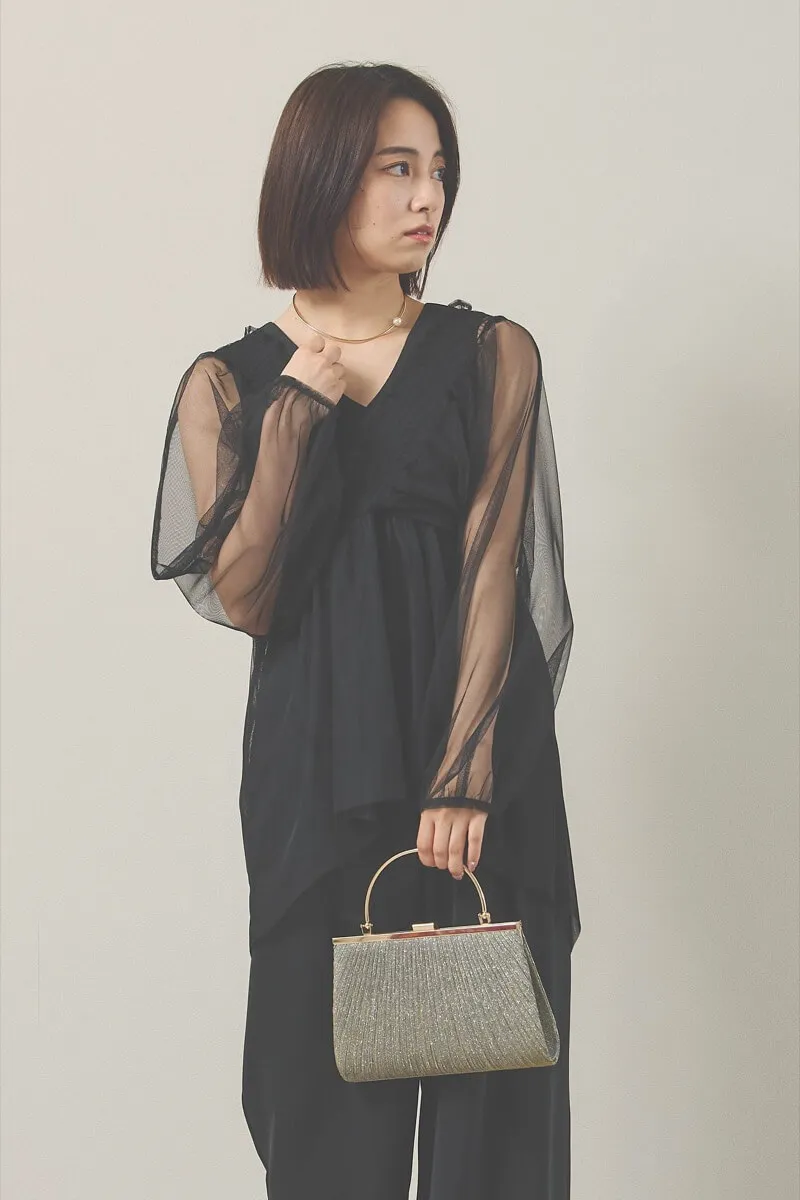 ブラックのチュールブラウス付きオールインワンドレス