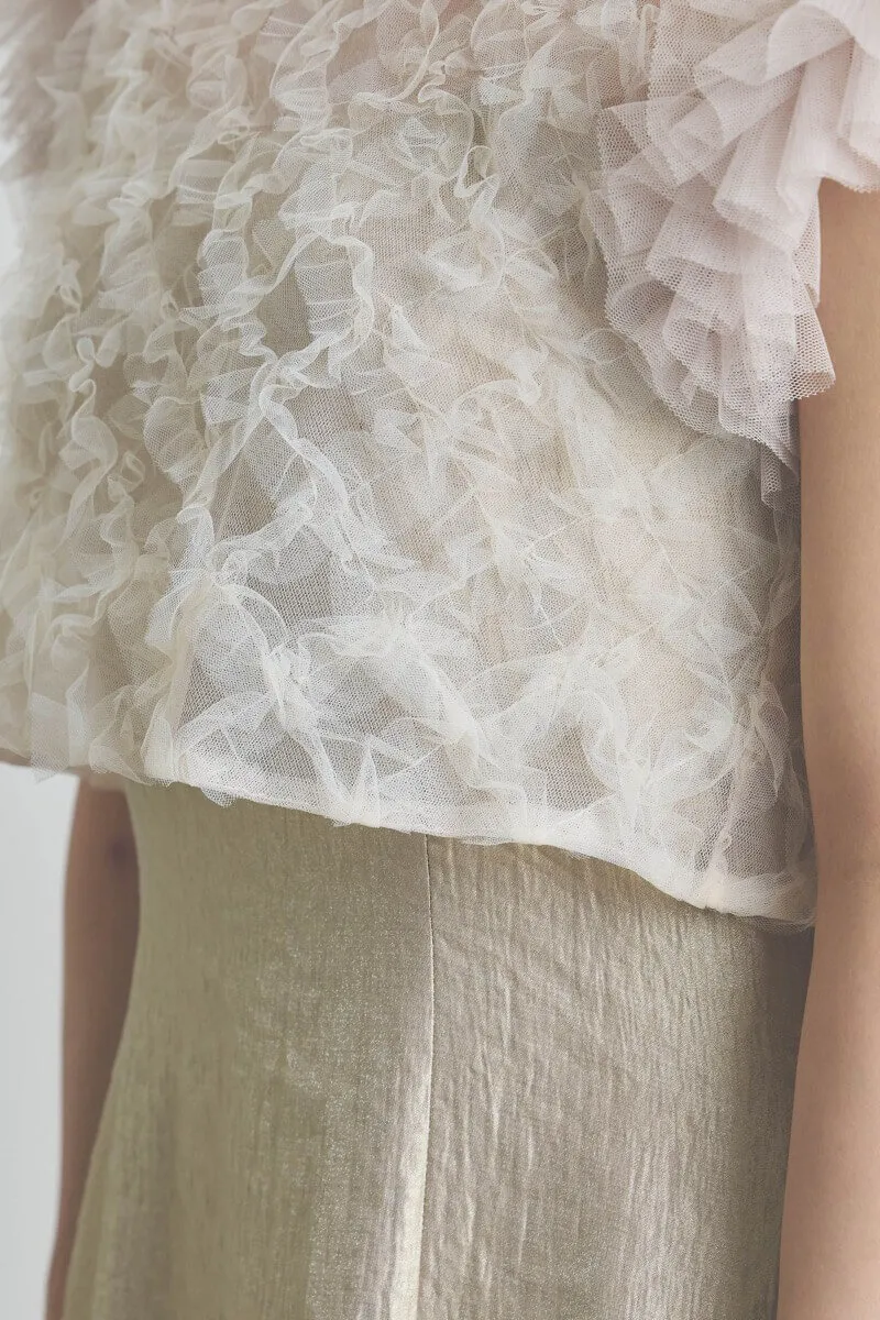 ベージュのボリュームチュールブラウスセットドレス