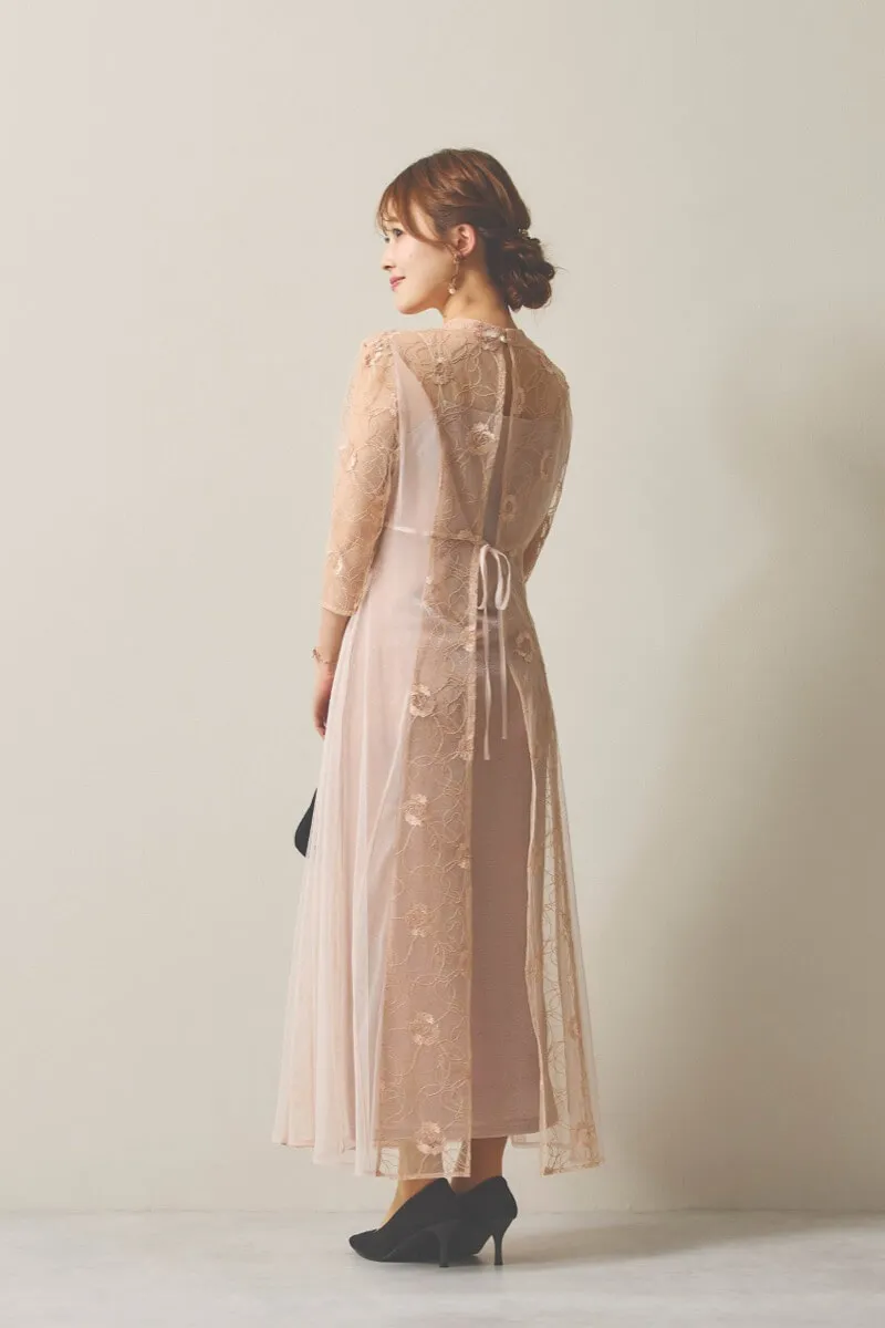 オレンジのシャイニーコードレースドレス