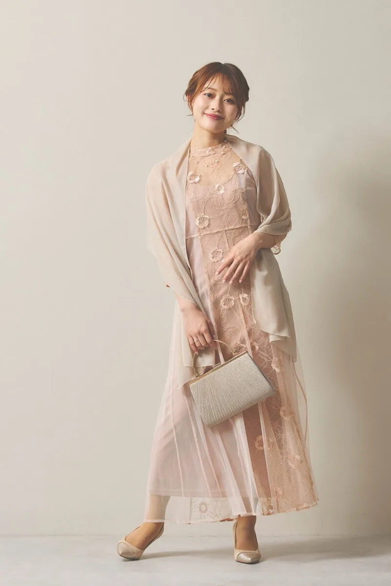 オレンジのシャイニーコードレースドレス