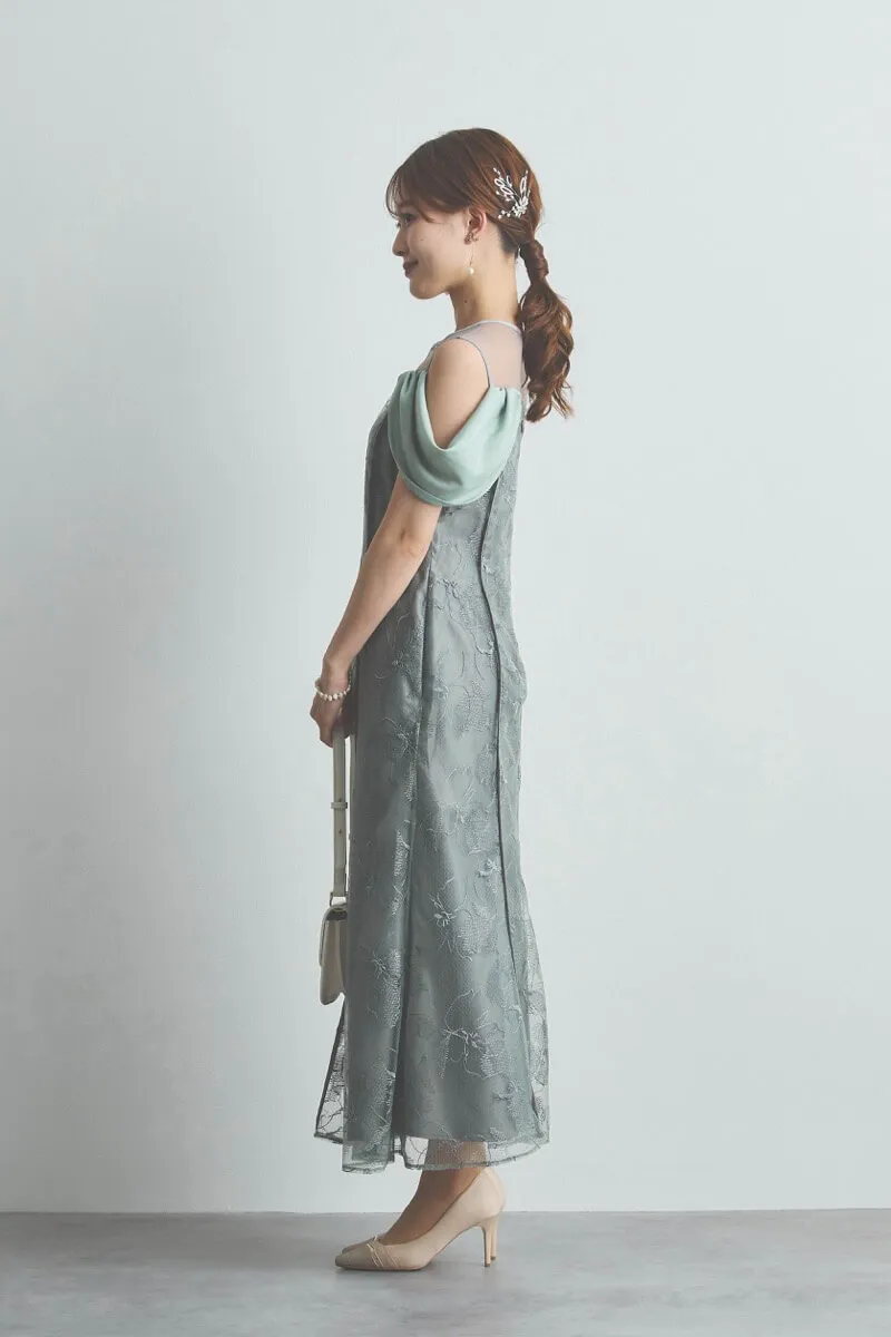 ミントのフラワーエンブロイダリーオフショルドレス