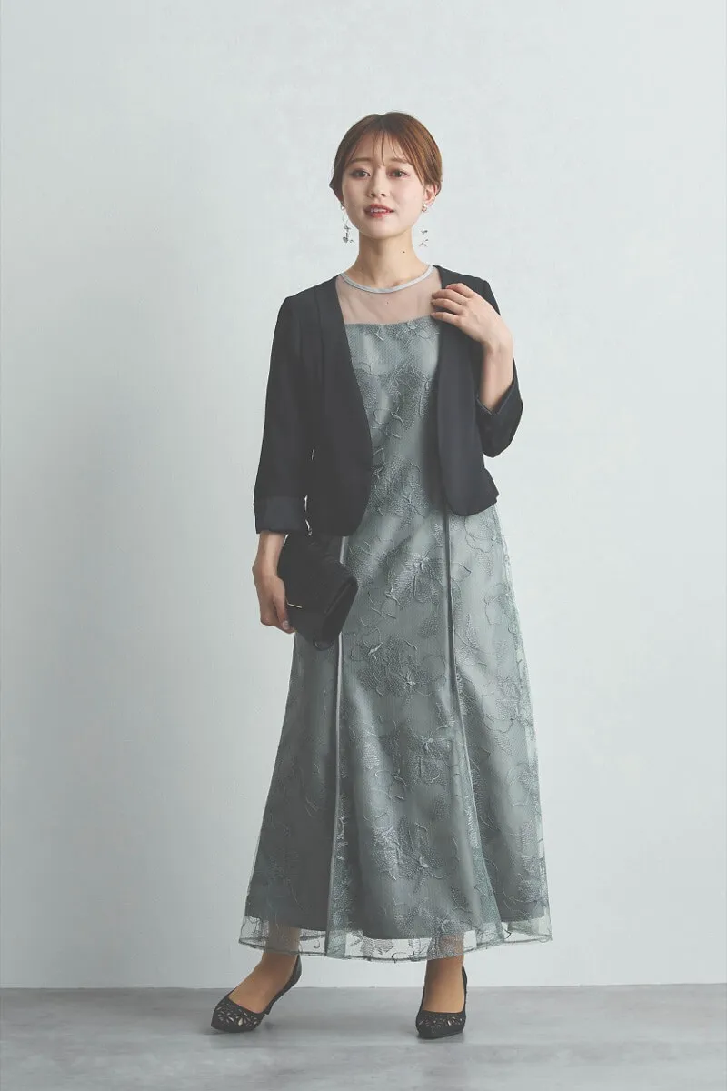 ミントのフラワーエンブロイダリーオフショルドレス