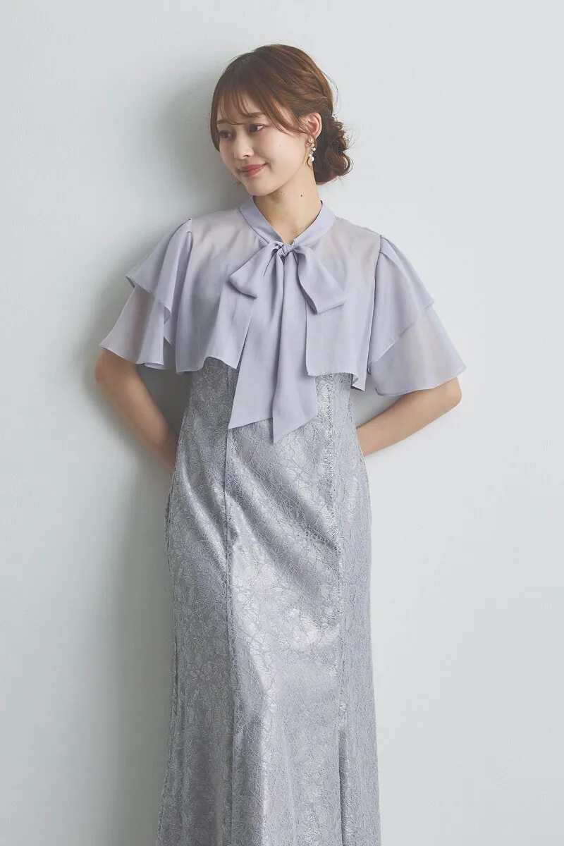 ブルーグレーのリボンブラウス付きマーメイドドレス