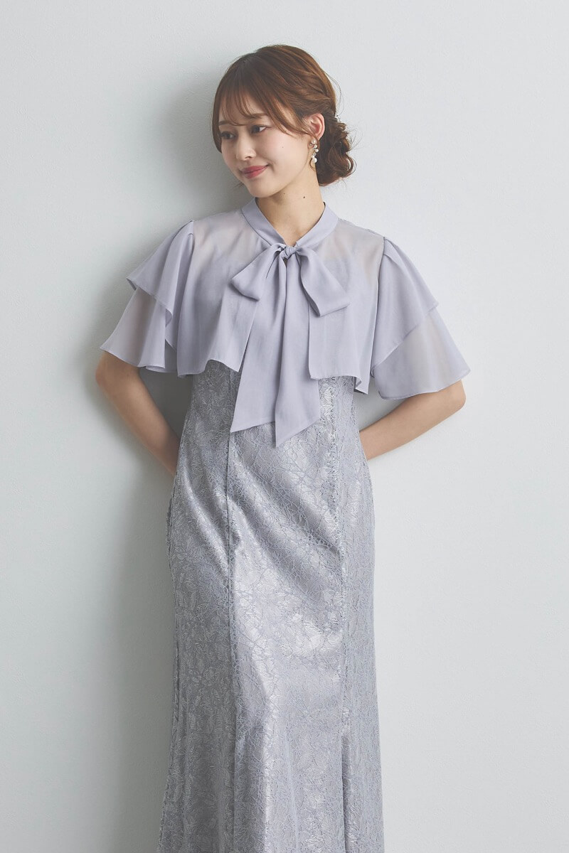 ブルーグレーのリボンブラウス付きマーメイドドレス