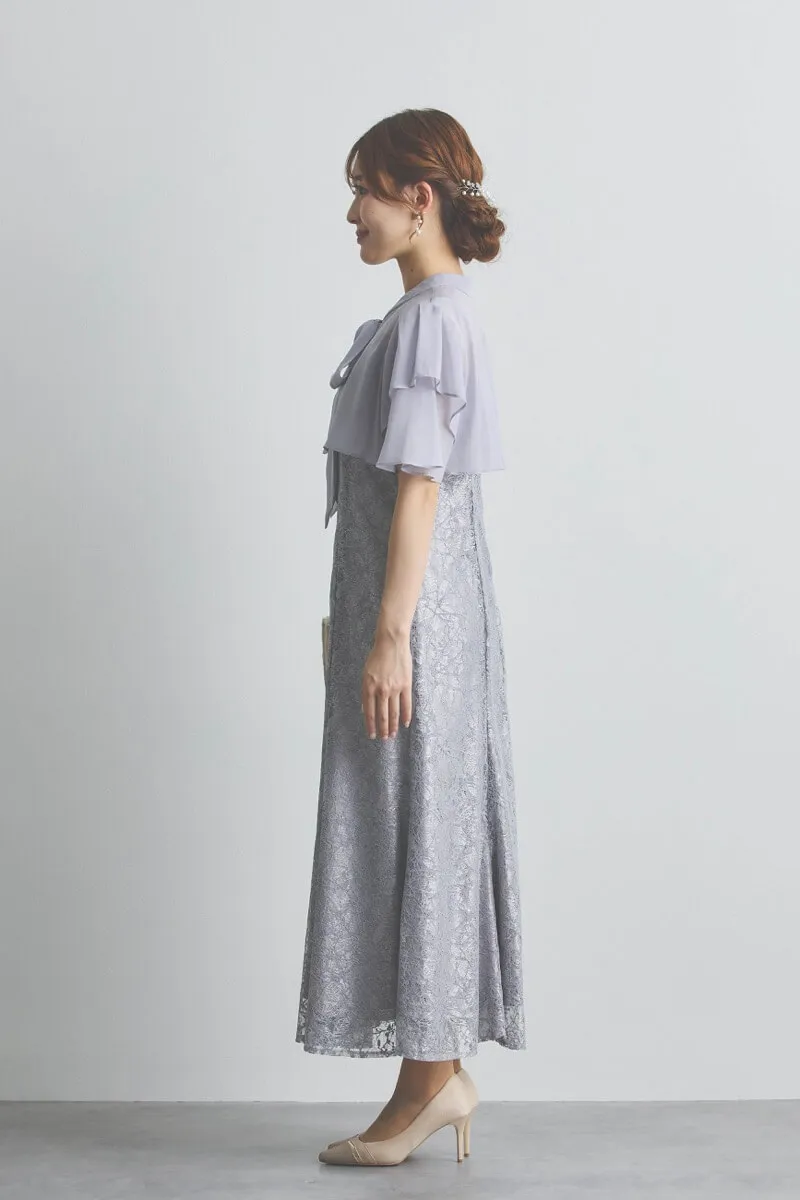 ブルーグレーのリボンブラウス付きマーメイドドレス