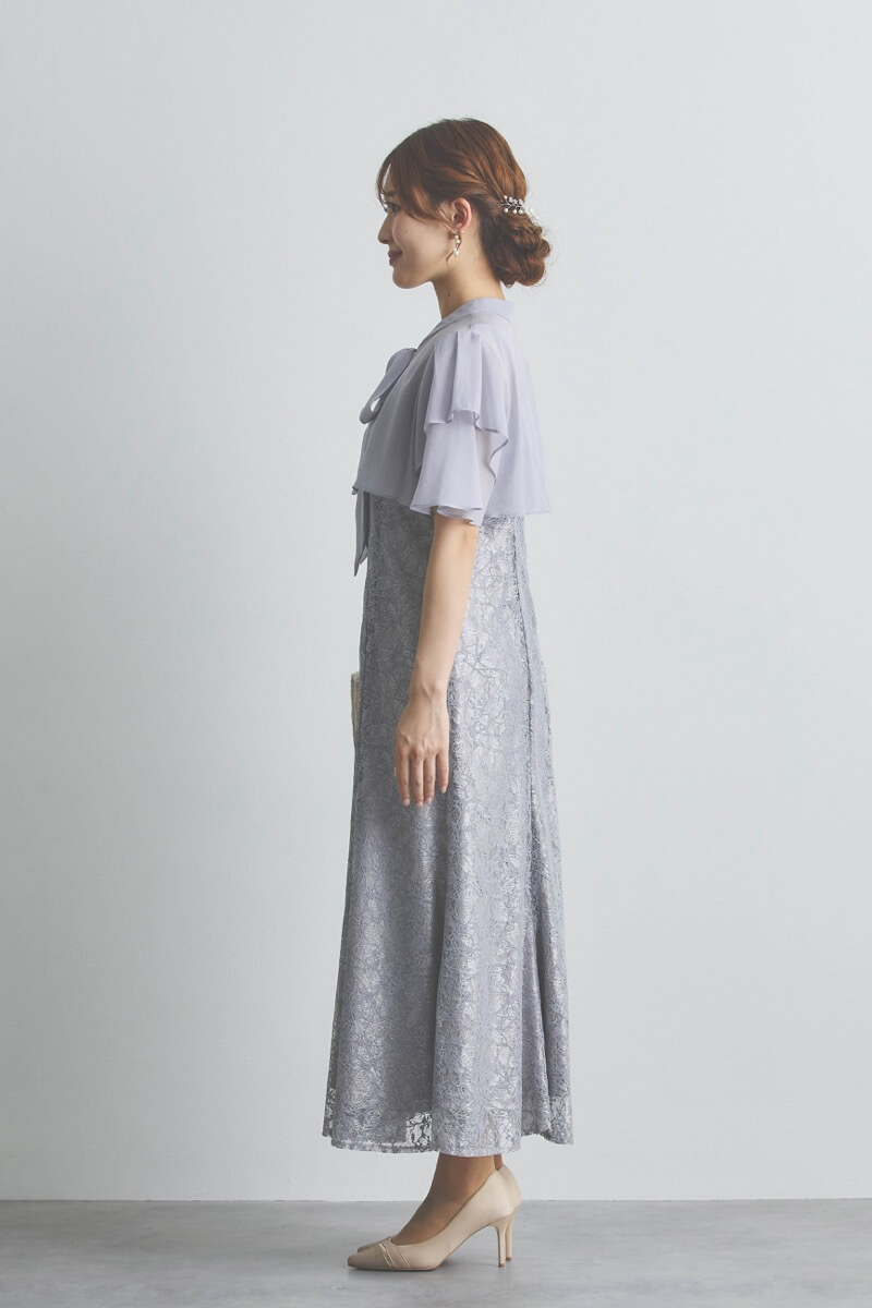 ブルーグレーのリボンブラウス付きマーメイドドレス