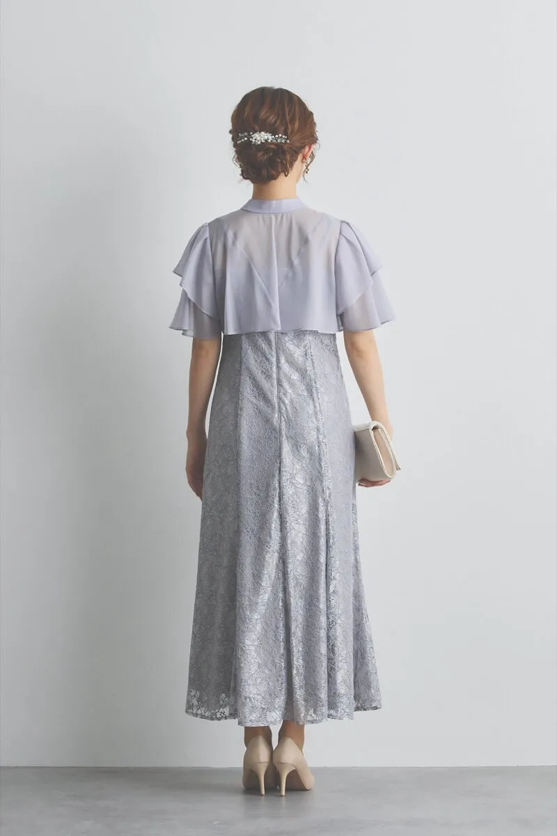 ブルーグレーのリボンブラウス付きマーメイドドレス