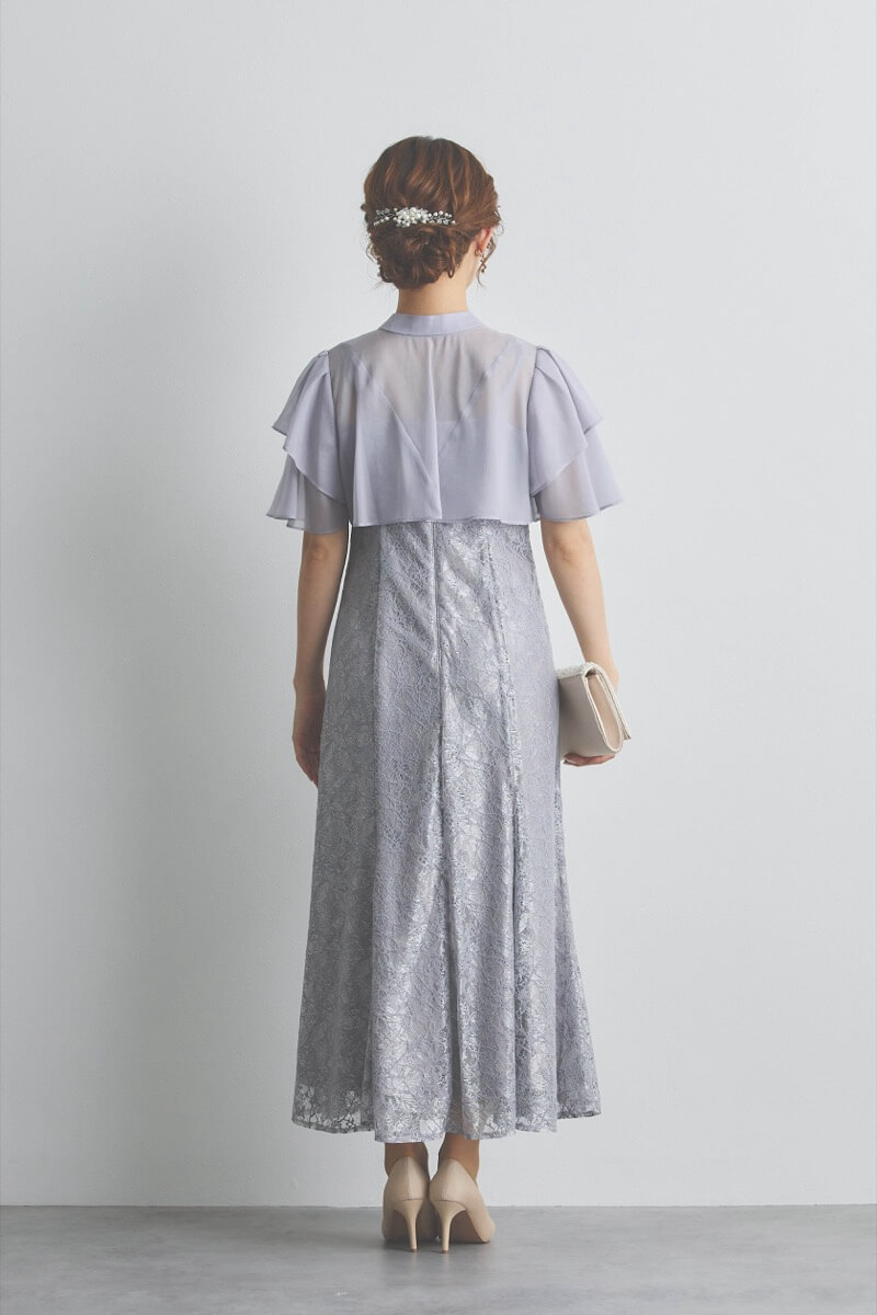 ブルーグレーのリボンブラウス付きマーメイドドレス