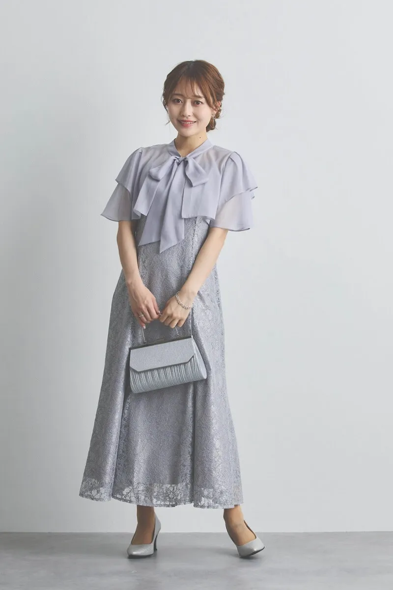 ブルーグレーのリボンブラウス付きマーメイドドレス