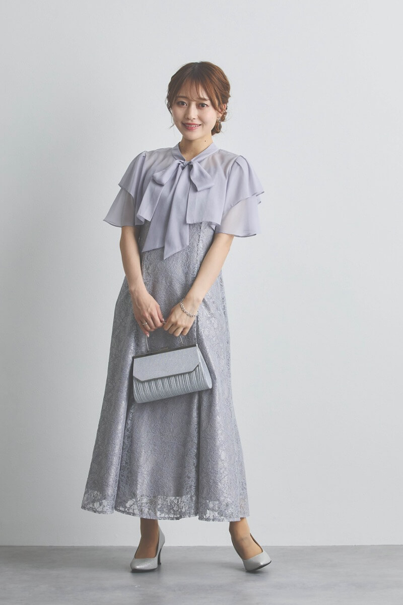 ブルーグレーのリボンブラウス付きマーメイドドレス