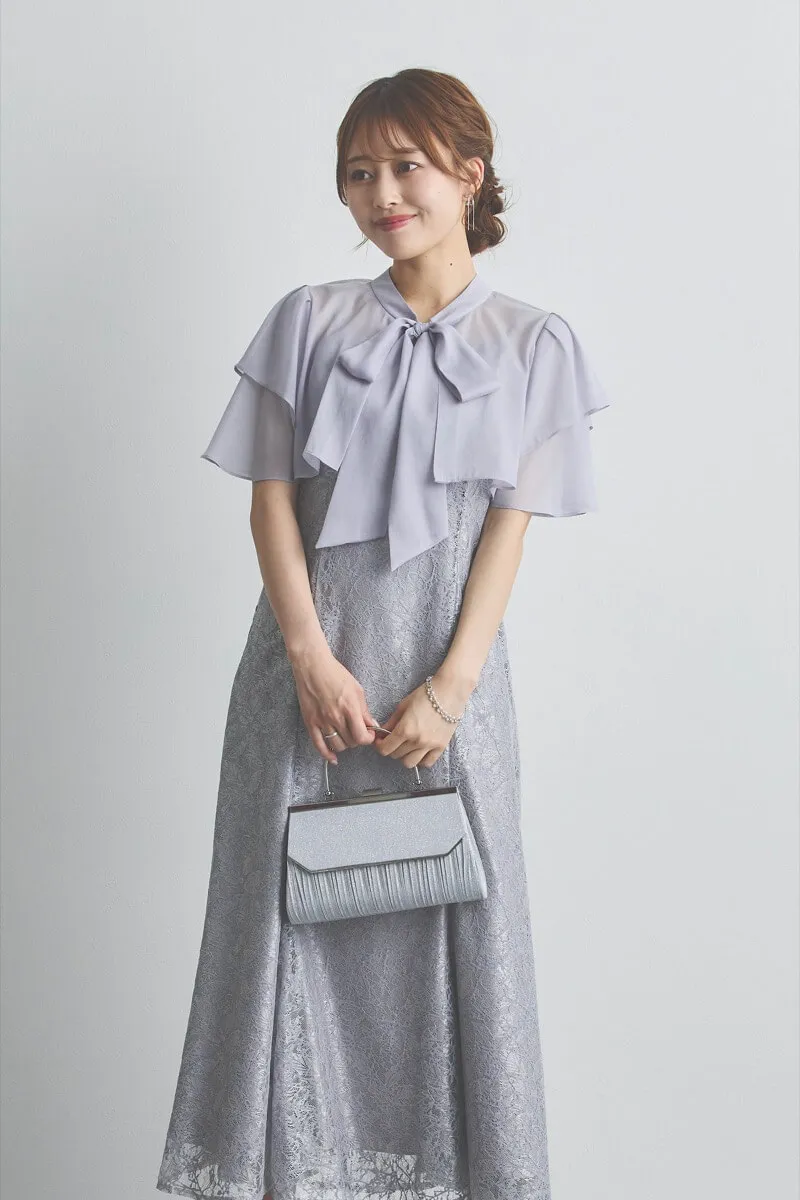 ブルーグレーのリボンブラウス付きマーメイドドレス